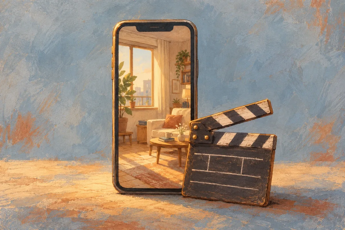 Un téléphone montrant un salon lumineux à côté d’un clap de tournage
